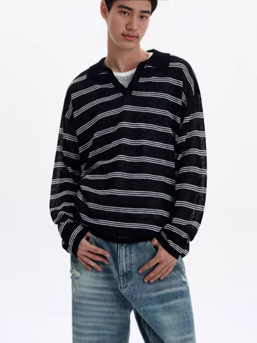 Pulover polo tricotat cu dungi, pentru bărbați, decolteu în V, primăvara 2026, stil Old Money, top casual pentru stratificare