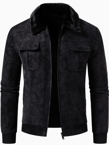 Geacă de iarnă pentru bărbați, PU cu aspect velur, guler cu blană, călduros, slim fit, fermoar