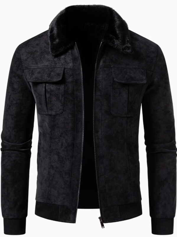 Geacă de iarnă pentru bărbați, PU cu aspect velur, guler cu blană, călduros, slim fit, fermoar
