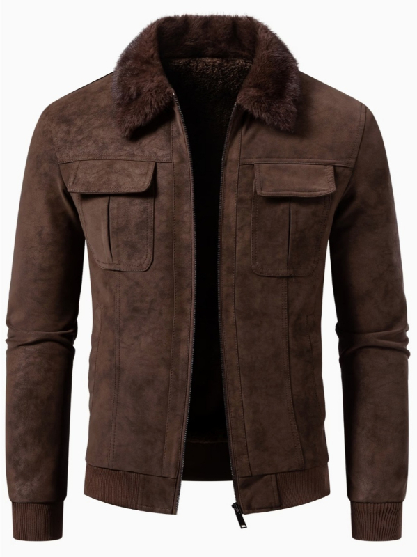 Geacă de iarnă pentru bărbați, PU cu aspect velur, guler cu blană, călduros, slim fit, fermoar