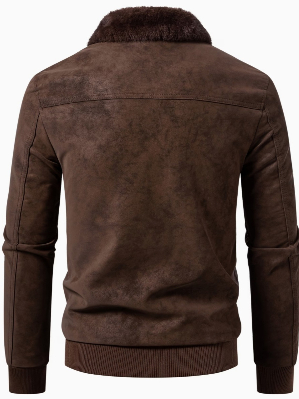 Geacă de iarnă pentru bărbați, PU cu aspect velur, guler cu blană, călduros, slim fit, fermoar