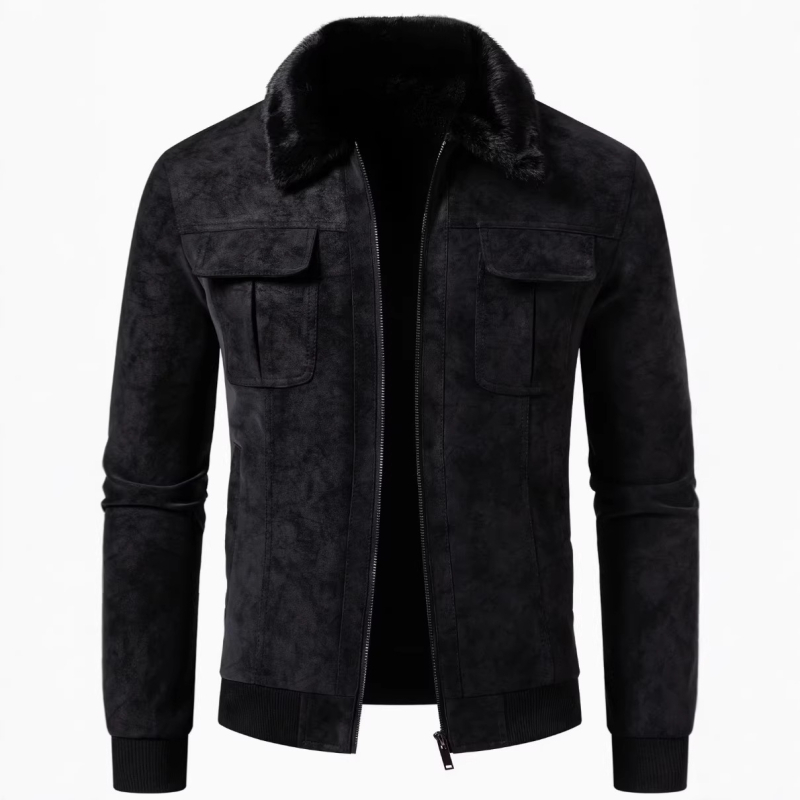 Geacă de iarnă pentru bărbați, PU cu aspect velur, guler cu blană, călduros, slim fit, fermoar