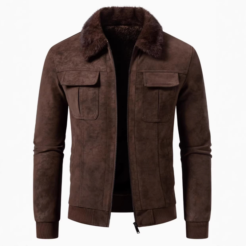 Geacă de iarnă pentru bărbați, PU cu aspect velur, guler cu blană, călduros, slim fit, fermoar