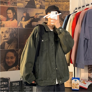 Férfi denim dzseki japán munkaruha stílusban zsebekkel tavasz–őszre