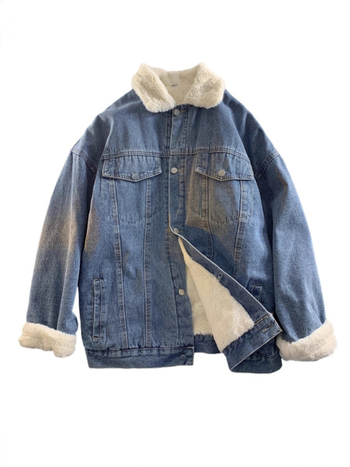 Férfi denimdzseki amerikai stílusban shearling béléssel, téli meleg, laza szabás, hongkongi utcai stílus ihletésével