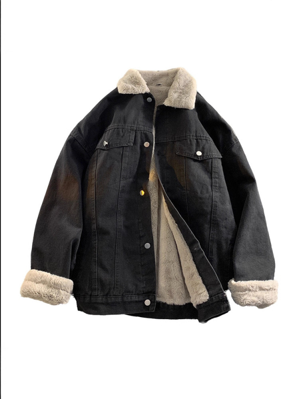 Férfi denimdzseki amerikai stílusban shearling béléssel, téli meleg, laza szabás, hongkongi utcai stílus ihletésével