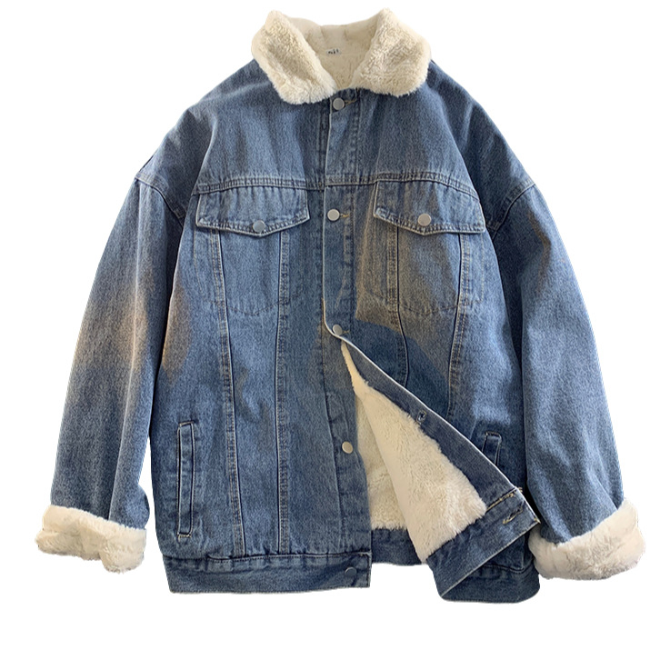 Férfi denimdzseki amerikai stílusban shearling béléssel, téli meleg, laza szabás, hongkongi utcai stílus ihletésével