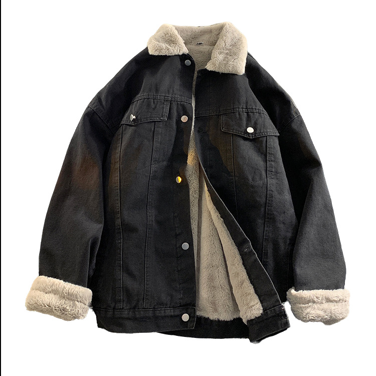 Férfi denimdzseki amerikai stílusban shearling béléssel, téli meleg, laza szabás, hongkongi utcai stílus ihletésével