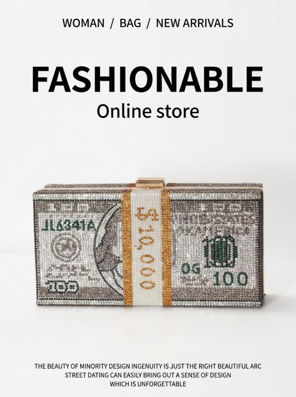 100 dolláros bankjegy mintájú kézitáska, estélyi clutch lánccal és záróval, kis négyzet alakú