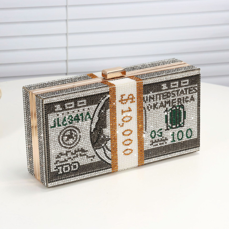 100 dolláros bankjegy mintájú kézitáska, estélyi clutch lánccal és záróval, kis négyzet alakú