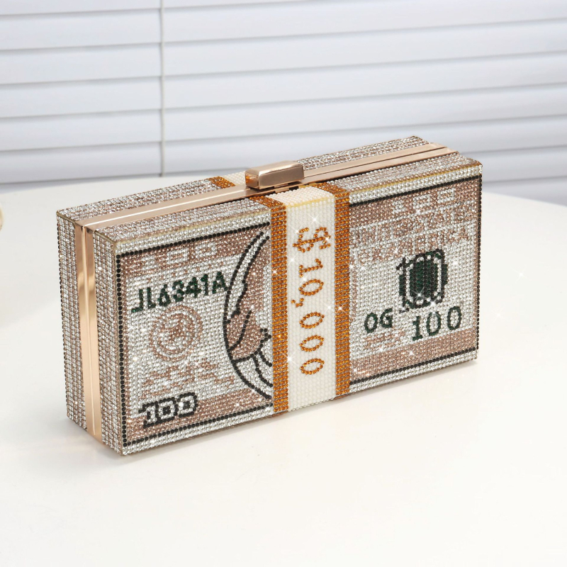 100 dolláros bankjegy mintájú kézitáska, estélyi clutch lánccal és záróval, kis négyzet alakú