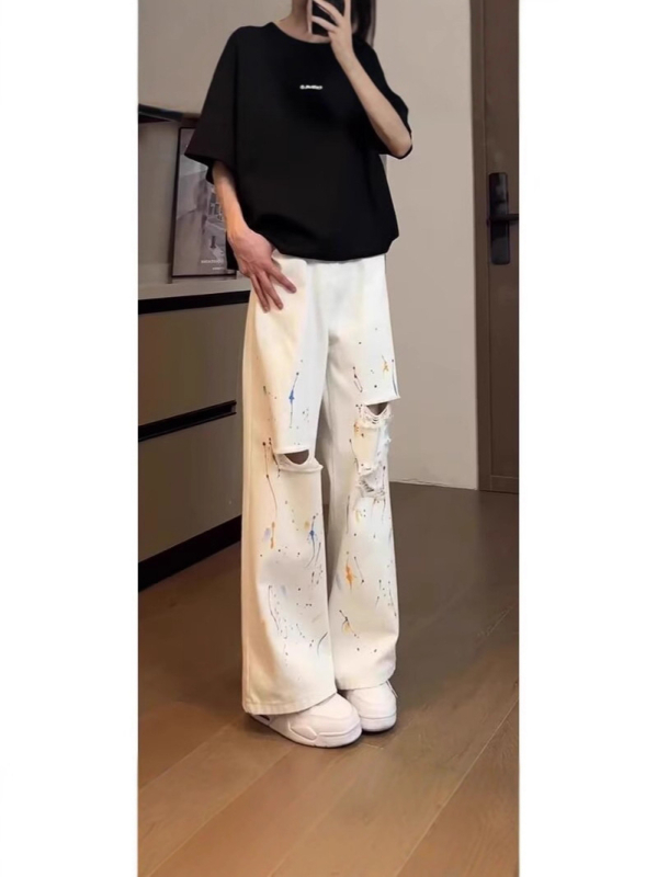 Férfi graffiti szakadt farmernadrág, nyár, amerikai stílus, prémium minőség, egyenes szabás, laza illeszkedés, enyhe bootcut.