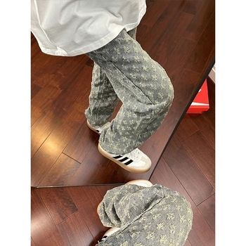 Férfi jacquard mintás denim farmernadrág, egyenes szabás, enyhe bővülés, amerikai utcai stílus