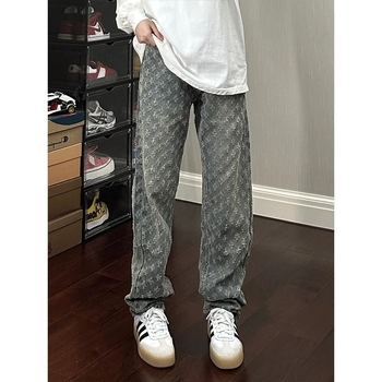 Férfi jacquard mintás denim farmernadrág, egyenes szabás, enyhe bővülés, amerikai utcai stílus