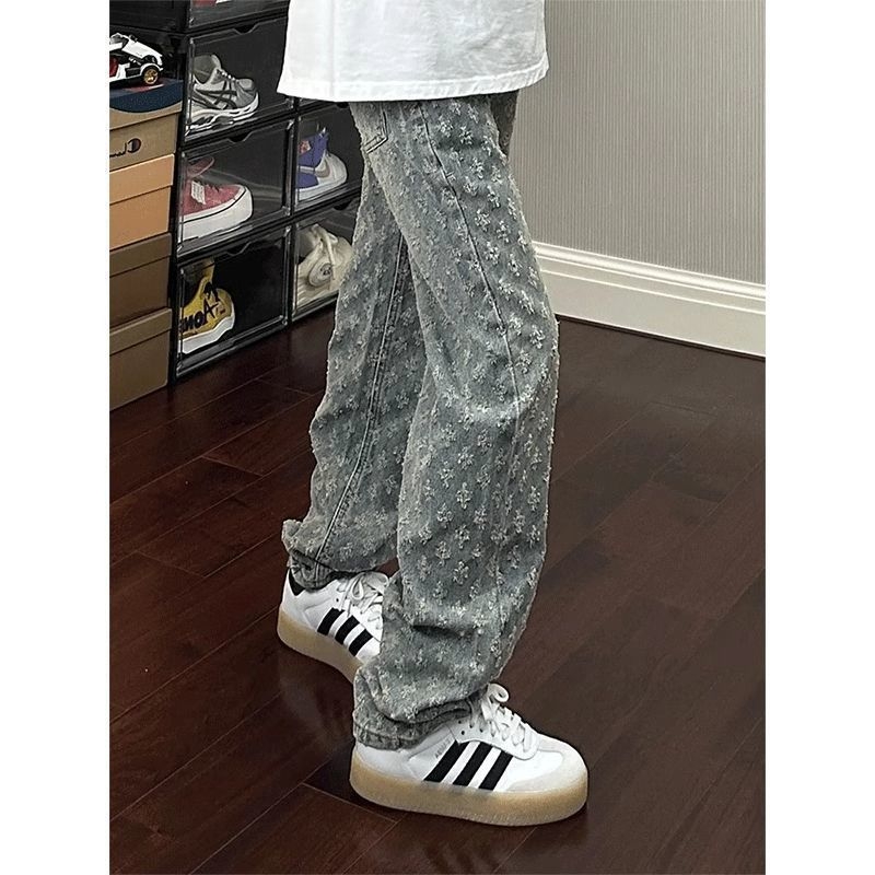 Férfi jacquard mintás denim farmernadrág, egyenes szabás, enyhe bővülés, amerikai utcai stílus
