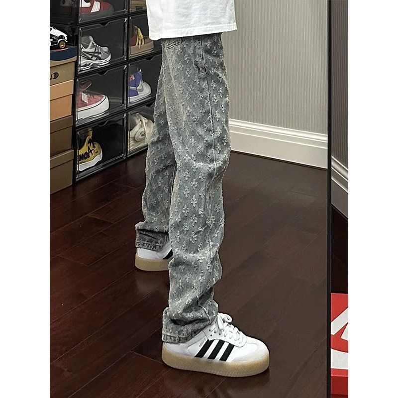 Férfi jacquard mintás denim farmernadrág, egyenes szabás, enyhe bővülés, amerikai utcai stílus