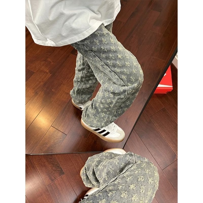 Férfi jacquard mintás denim farmernadrág, egyenes szabás, enyhe bővülés, amerikai utcai stílus