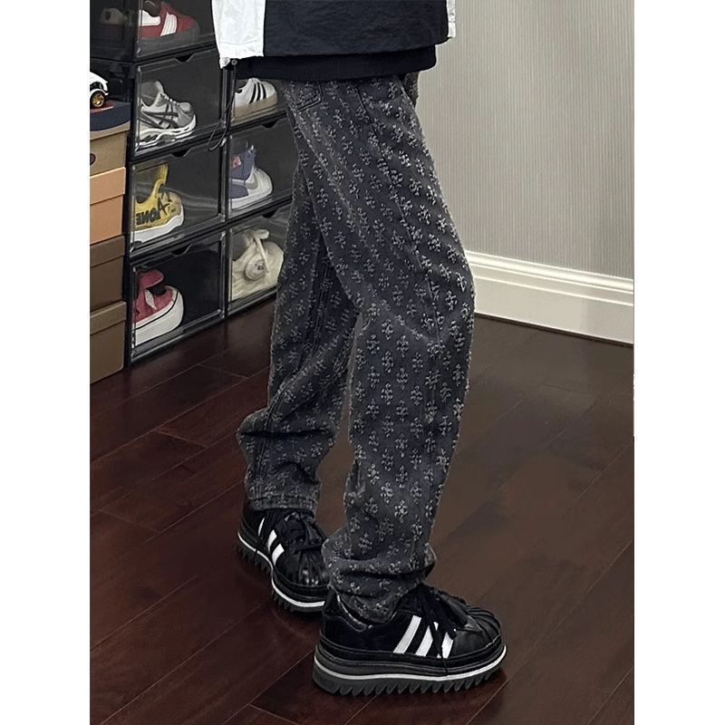 Férfi jacquard mintás denim farmernadrág, egyenes szabás, enyhe bővülés, amerikai utcai stílus
