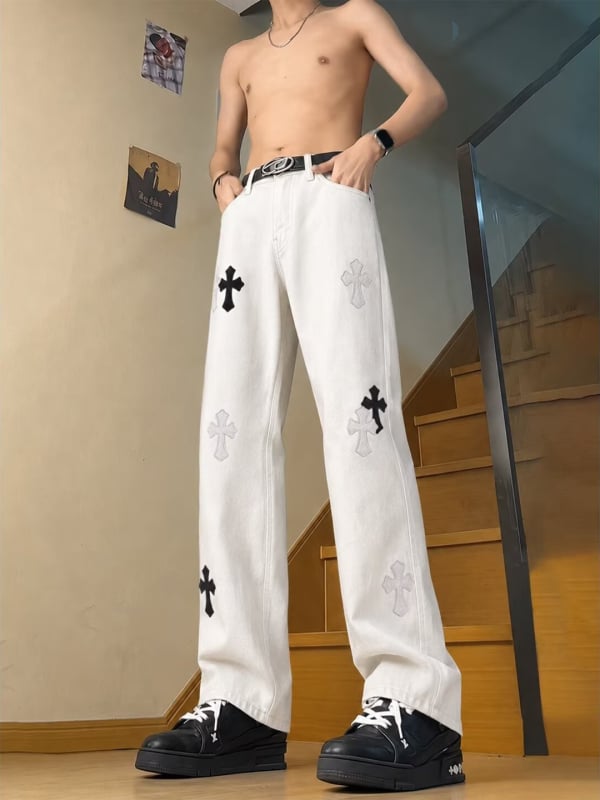 Blugi din denim pentru bărbați, croială dreaptă, design inspirat de streetwear american, colecție 2026, îmbrăcăminte casual