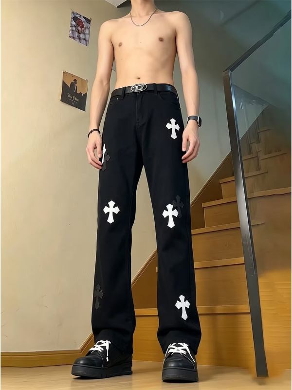 Blugi din denim pentru bărbați, croială dreaptă, design inspirat de streetwear american, colecție 2026, îmbrăcăminte casual
