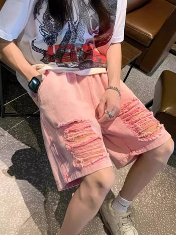 Șorturi din denim roz pentru bărbați, vară, streetwear american, stil modern