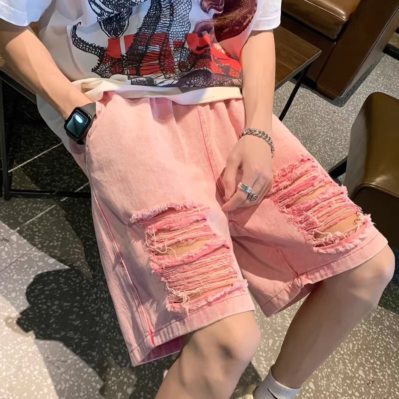 Șorturi din denim roz pentru bărbați, vară, streetwear american, stil modern
