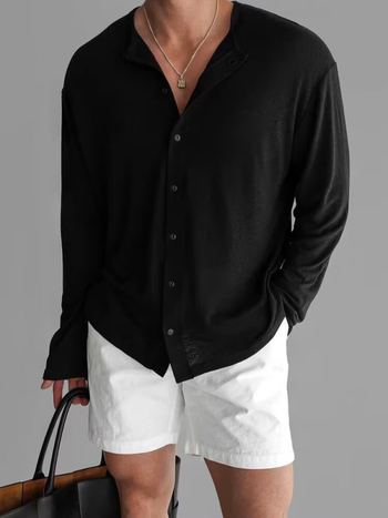 Férfi ing texturált ice-silk és bambusz mintával, álló gallér, hosszú ujjak, slim-fit, UV-védett