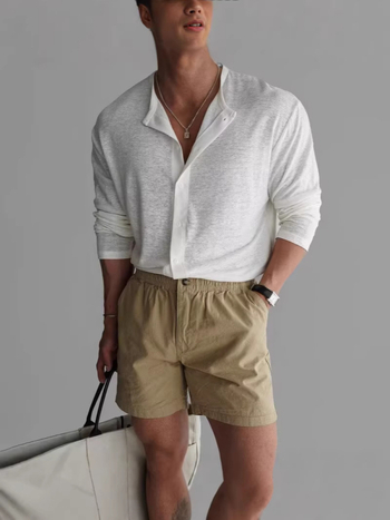 Férfi ing texturált ice-silk és bambusz mintával, álló gallér, hosszú ujjak, slim-fit, UV-védett