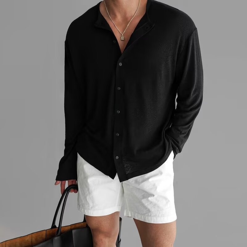 Férfi ing texturált ice-silk és bambusz mintával, álló gallér, hosszú ujjak, slim-fit, UV-védett