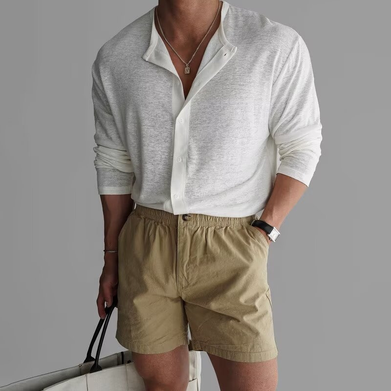 Férfi ing texturált ice-silk és bambusz mintával, álló gallér, hosszú ujjak, slim-fit, UV-védett