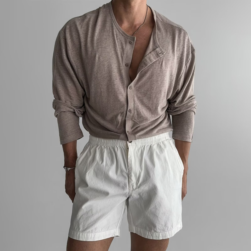 Férfi ing texturált ice-silk és bambusz mintával, álló gallér, hosszú ujjak, slim-fit, UV-védett