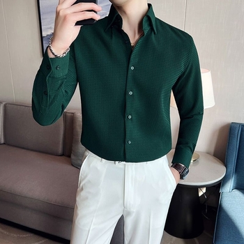 Warm Maple férfi waffle textúrájú gyűrődésmentes hosszú ujjú ing, slim fit, hétköznapi üzleti stílus, koreai ihletésű