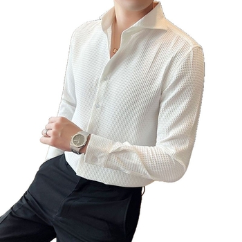 Warm Maple férfi waffle textúrájú gyűrődésmentes hosszú ujjú ing, slim fit, hétköznapi üzleti stílus, koreai ihletésű
