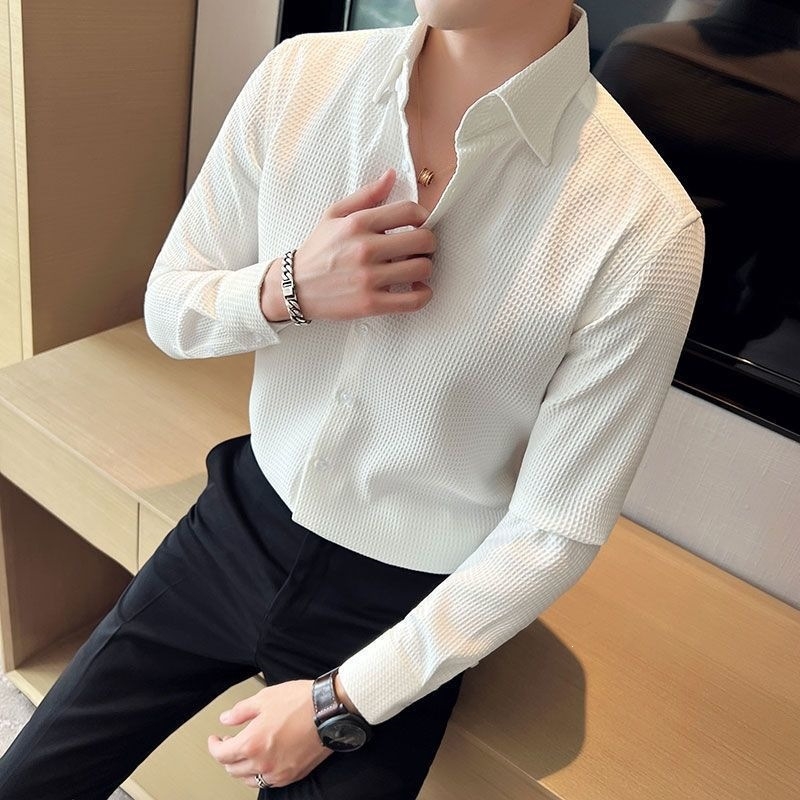 Warm Maple férfi waffle textúrájú gyűrődésmentes hosszú ujjú ing, slim fit, hétköznapi üzleti stílus, koreai ihletésű