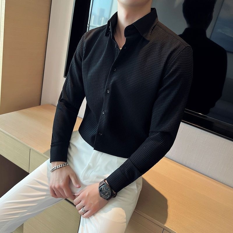 Warm Maple férfi waffle textúrájú gyűrődésmentes hosszú ujjú ing, slim fit, hétköznapi üzleti stílus, koreai ihletésű