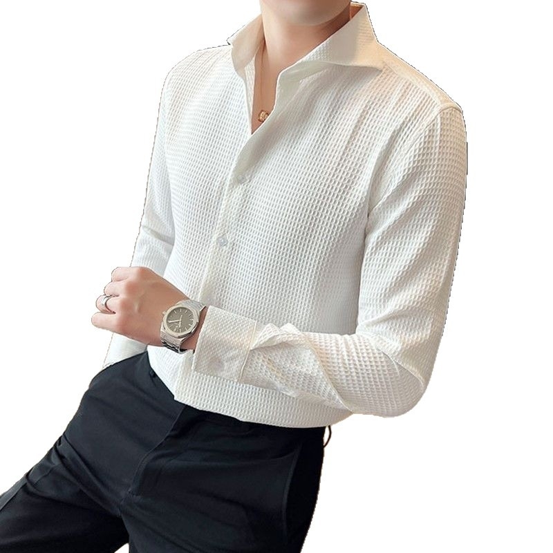 Warm Maple férfi waffle textúrájú gyűrődésmentes hosszú ujjú ing, slim fit, hétköznapi üzleti stílus, koreai ihletésű
