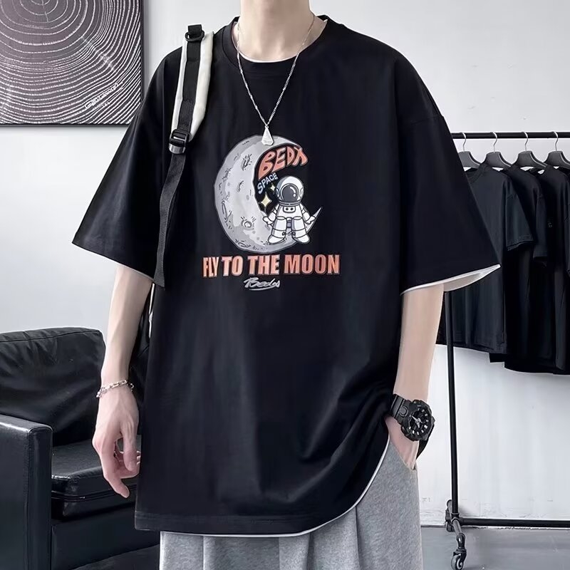 2024 pamut férfi rövid ujjú póló, laza szabás, koreai stílus, hongkongi utcai divat, Instagram-inspirált dizájn