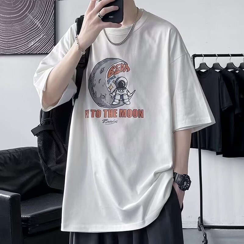 2024 pamut férfi rövid ujjú póló, laza szabás, koreai stílus, hongkongi utcai divat, Instagram-inspirált dizájn
