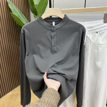 2026 tavasz férfi hosszú ujjú Henley galléros, egyszínű, kényelmes, slim fit T‑shirt