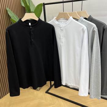 2026 tavasz férfi hosszú ujjú Henley galléros, egyszínű, kényelmes, slim fit T‑shirt