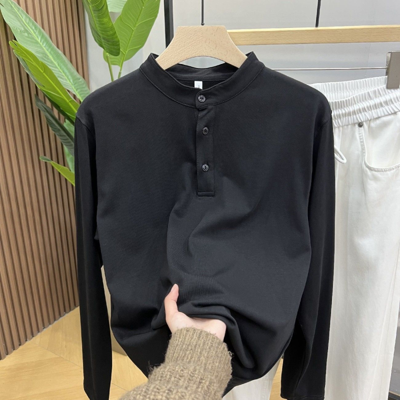 2026 tavasz férfi hosszú ujjú Henley galléros, egyszínű, kényelmes, slim fit T‑shirt