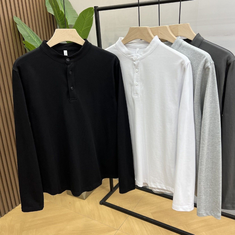2026 tavasz férfi hosszú ujjú Henley galléros, egyszínű, kényelmes, slim fit T‑shirt