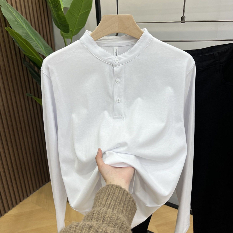 2026 tavasz férfi hosszú ujjú Henley galléros, egyszínű, kényelmes, slim fit T‑shirt