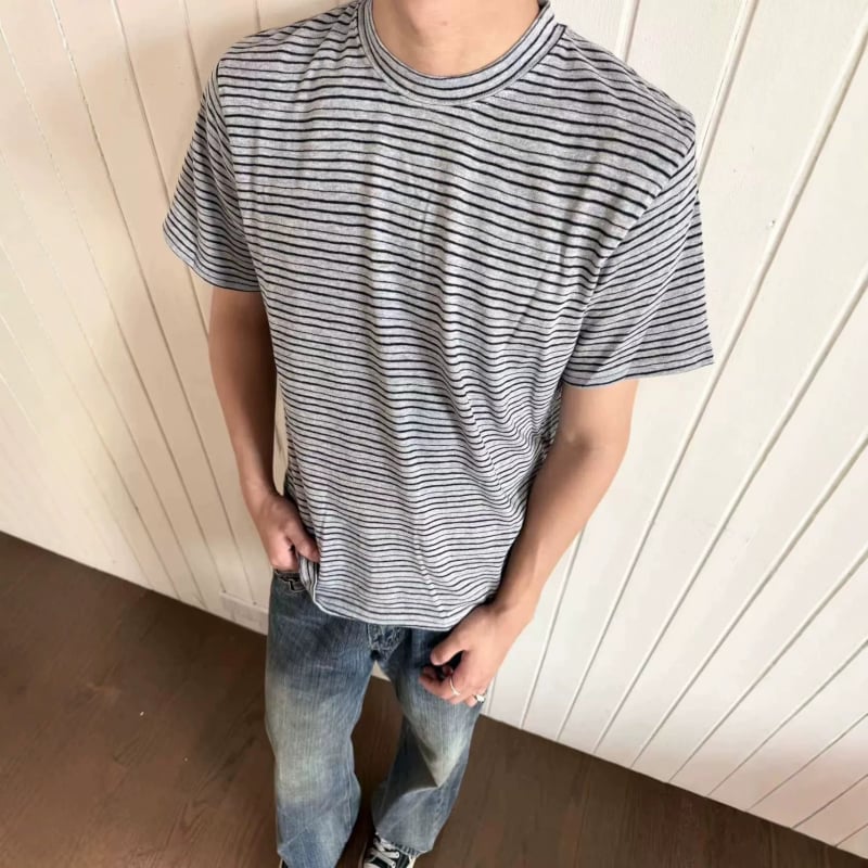 Férfi rövid ujjú nyári póló, koreai stílusú, laza szabás, hongkongi streetwear