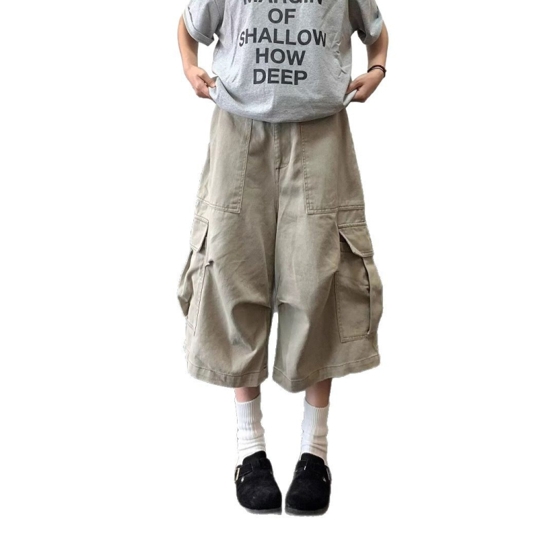 Unisex cargo nadrág nagy zsebekkel, Capri hossz, amerikai-japán stílus, laza szabás, széles szárú, plisírozott dizájn