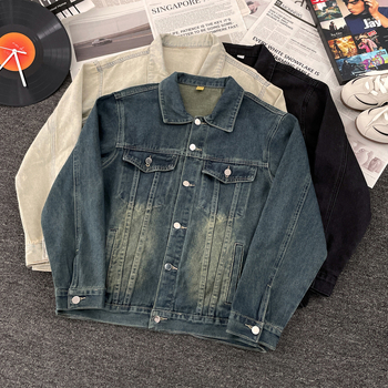 Vintage kék mosott denim dzseki férfiaknak, ősz, amerikai klasszikus, sokoldalú, minimalist stílus, pár-stílus