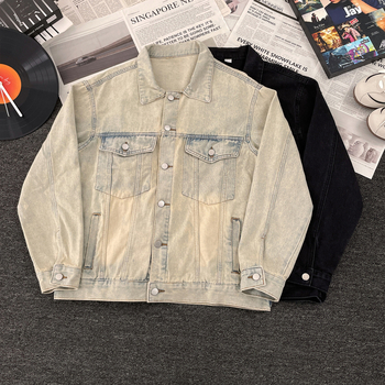 Vintage kék mosott denim dzseki férfiaknak, ősz, amerikai klasszikus, sokoldalú, minimalist stílus, pár-stílus