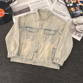 Vintage kék mosott denim dzseki férfiaknak, ősz, amerikai klasszikus, sokoldalú, minimalist stílus, pár-stílus