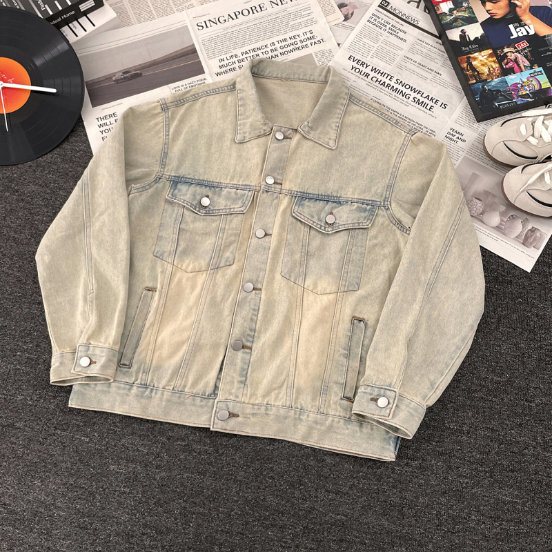 Vintage kék mosott denim dzseki férfiaknak, ősz, amerikai klasszikus, sokoldalú, minimalist stílus, pár-stílus