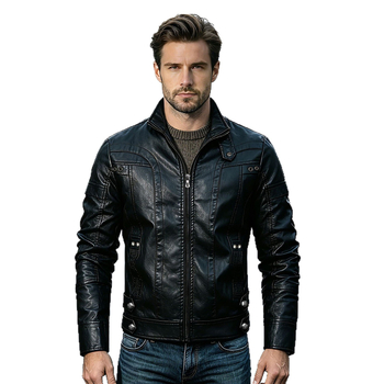 Geacă bărbați din PU - piele sintetică de înaltă calitate, guler înalt, fermoar, culoare solidă, croi Slim, stil de toamnă, inspirație retro.